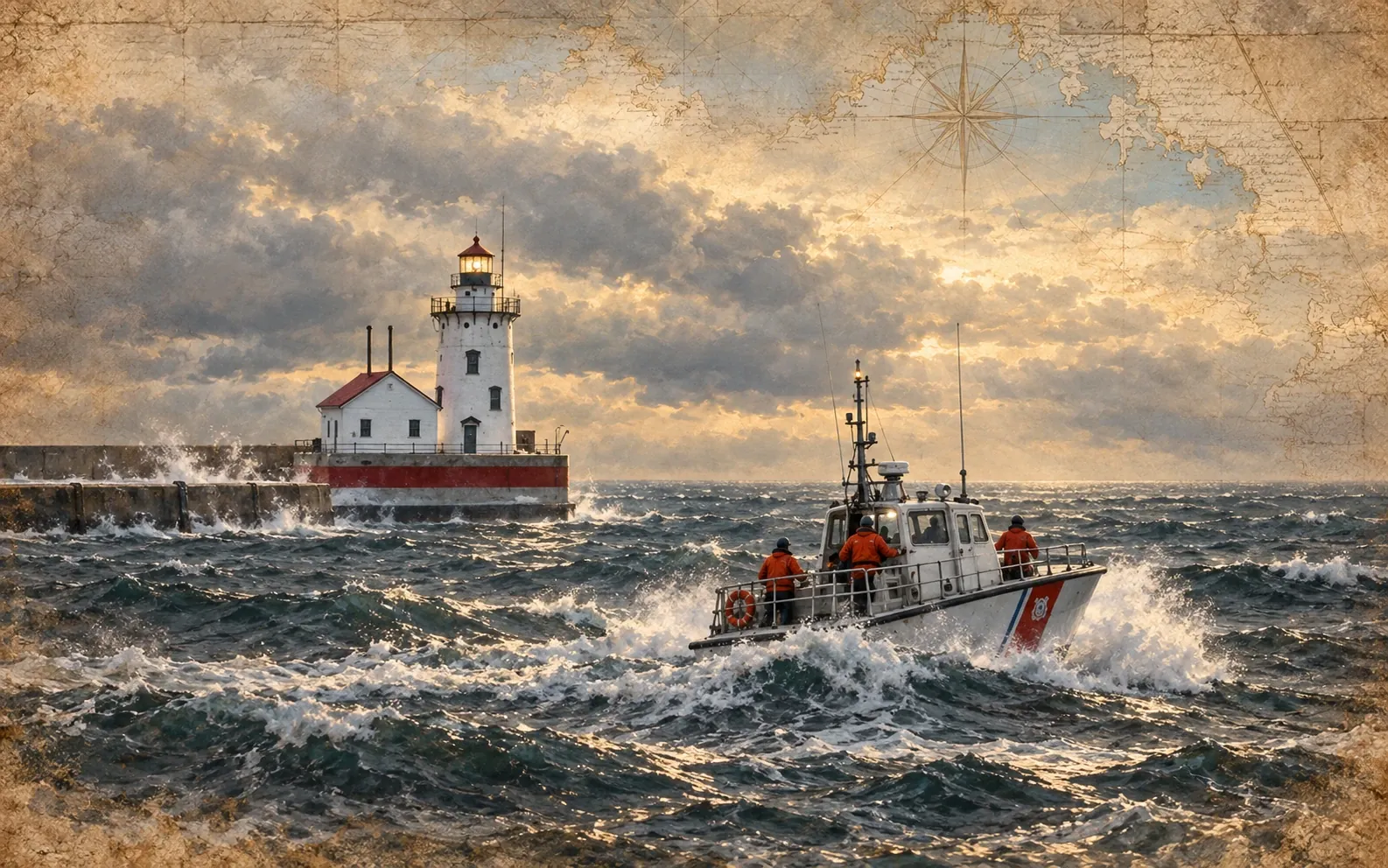 Painted illustration of a Coast Guard boat with three crew in orange gear heading out past a lighthouse into rough Lake Huron water