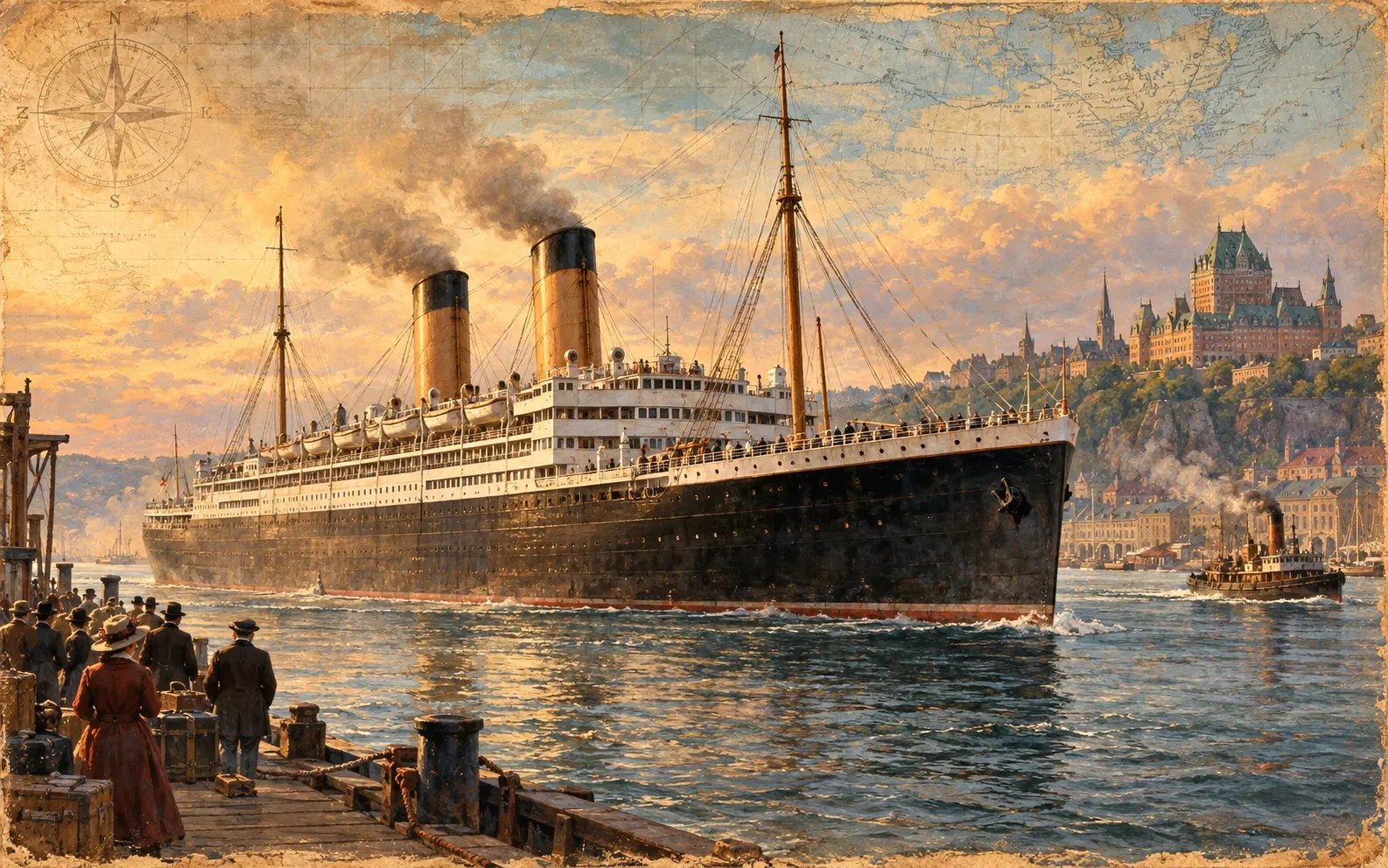 Painted illustration of a two-funnelled ocean liner arriving at Quebec, with passengers on a wooden wharf and the city on the cliffs behind