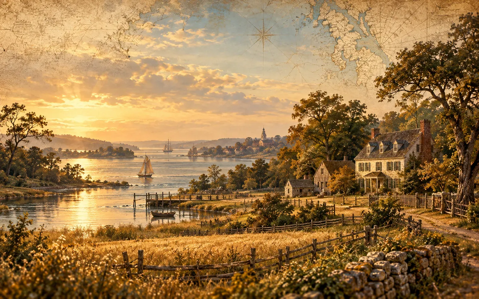 Painted illustration of a colonial Maryland shoreline: a clapboard farmhouse and fields beside a wide river with sailing ships and a distant town