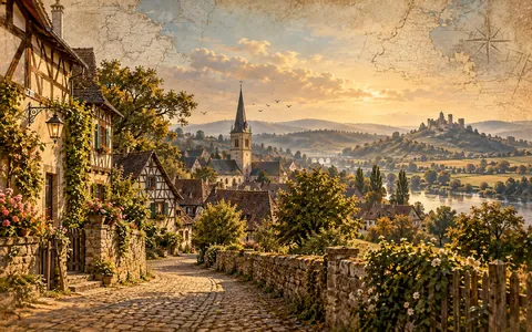 Painted illustration of a German village