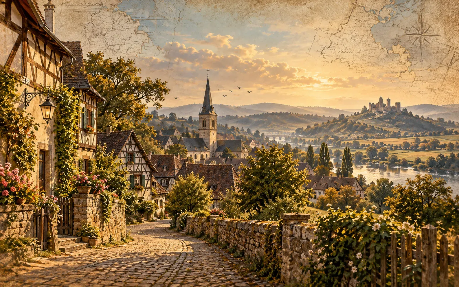 Painted illustration of a German village: half-timbered houses on a cobbled lane, a church spire, a river valley and a castle on a hill