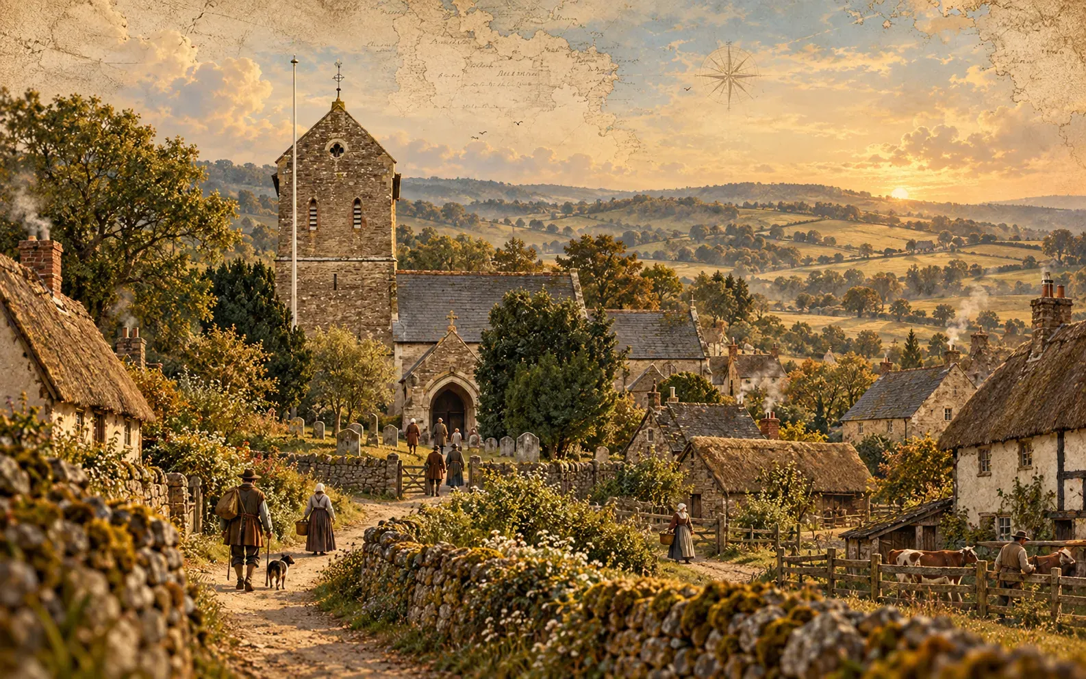 Painted illustration of a Tudor-era village: thatched cottages, stone walls and villagers walking a lane toward a stone church tower, with farmland beyond