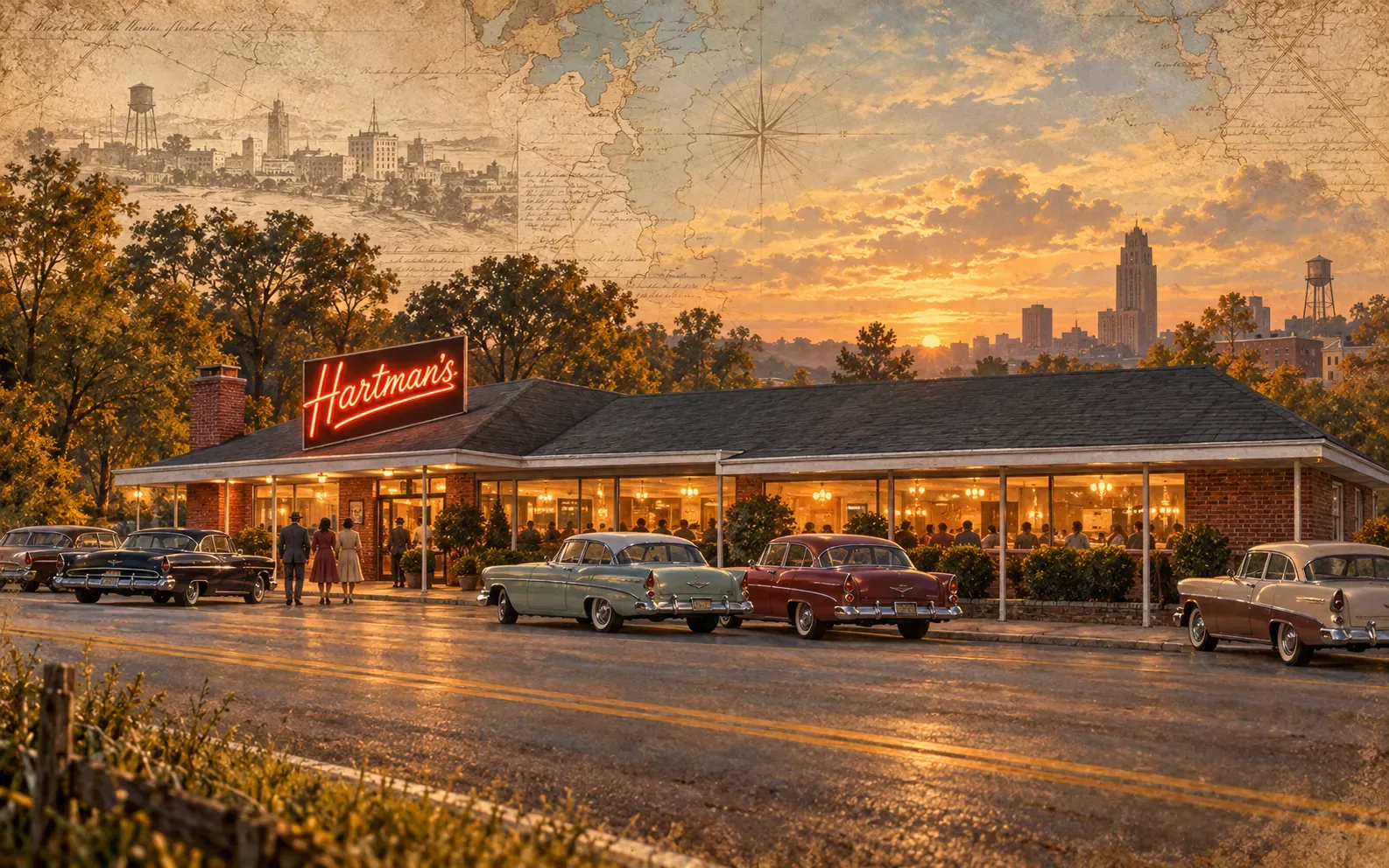 Painted illustration of a brick roadside steak house at sunset with a red neon Hartman's sign and 1950s cars parked in front