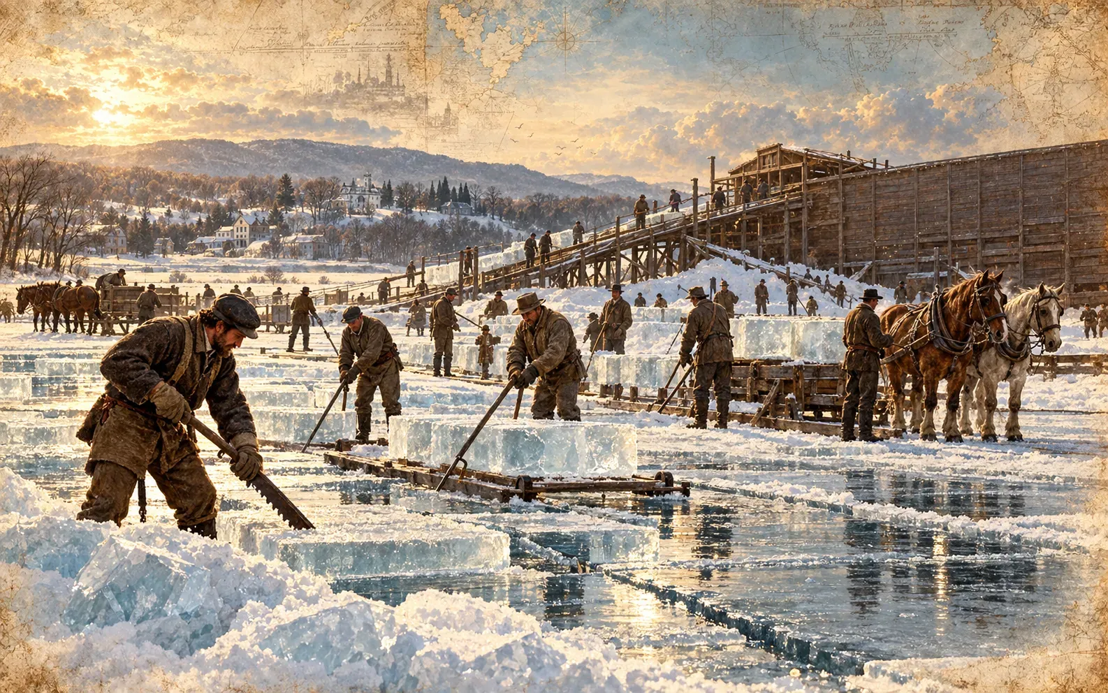 Painted illustration of nineteenth-century workers sawing and hauling blocks of ice on a frozen lake, with horses and a large wooden ice house