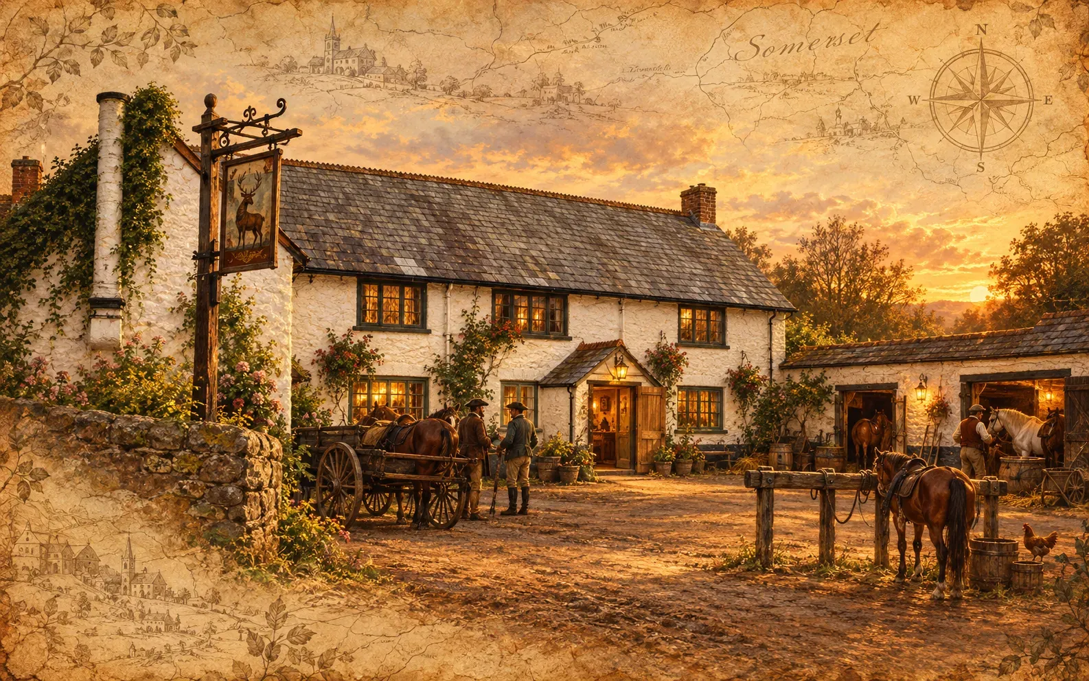 Painted illustration of a whitewashed stone country inn at sunset, with a hanging inn sign, horses and a cart in the yard, and stables to one side