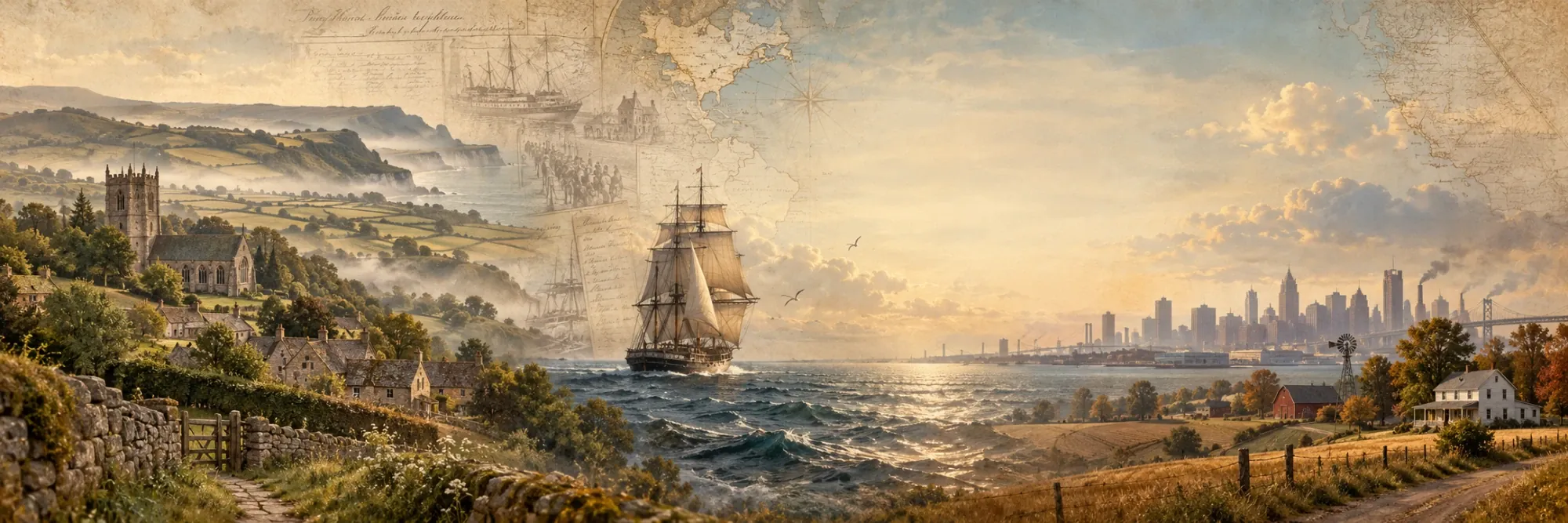 Painted panorama: a Devon village and church, a sailing ship crossing the ocean, and a Michigan farm with the Detroit skyline