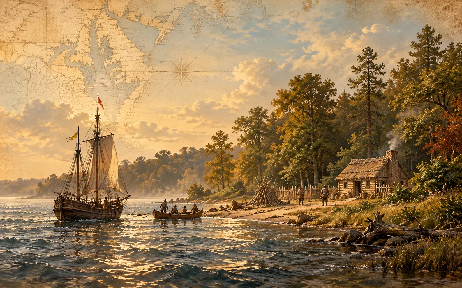 Painted illustration of a small 17th-century sailing ship anchored off a wooded shore, with a rowboat bringing colonists to a log cabin
