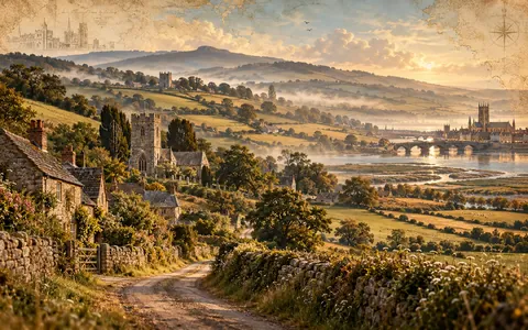 Painted illustration of West Country hills and villages