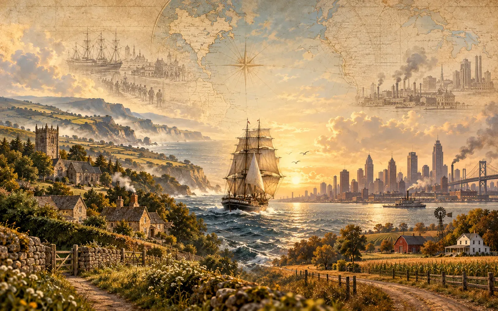 Painted panorama reading left to right: a Devon village with a church tower, a sailing ship crossing the ocean, then a city skyline and a Michigan farm