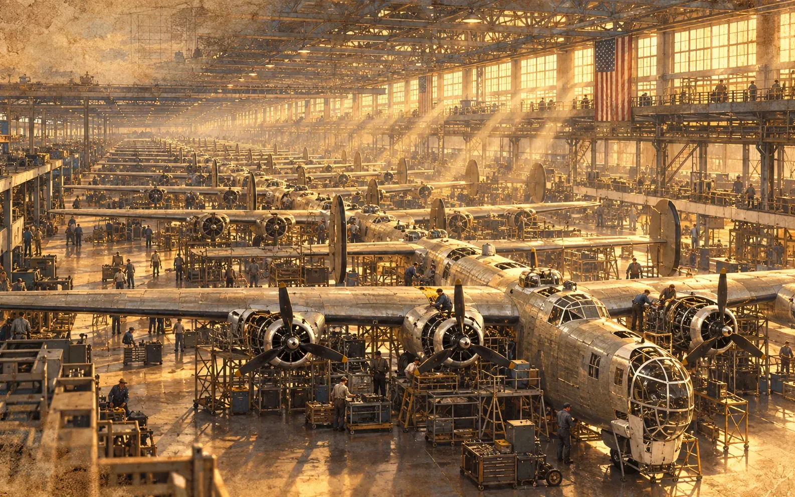 Painted illustration of a vast factory floor with rows of four-engine B-24 Liberator bombers under construction and workers at scaffolds