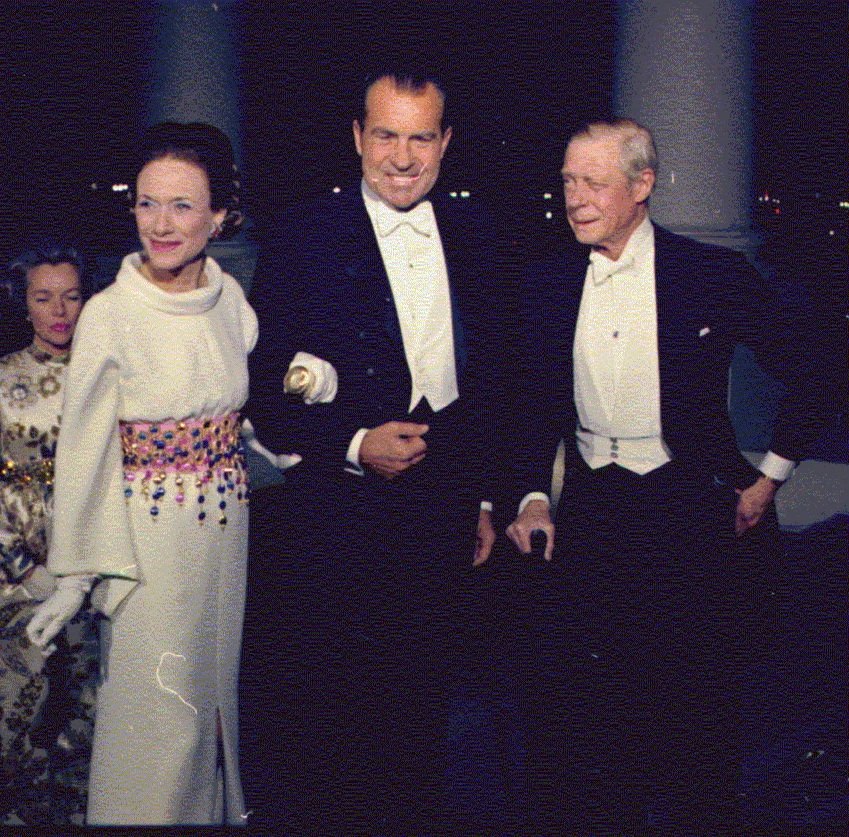 The Duchess of Windsor in a white gown, President Richard Nixon and the Duke of Windsor in white tie at the White House